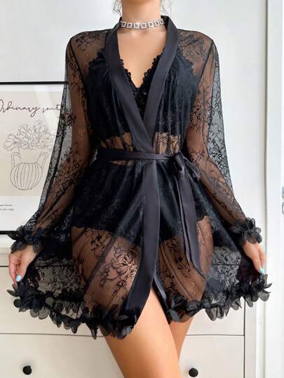 SHEIN طقم بيجاما طقم ملابس نوم نسائي من الدانتيل