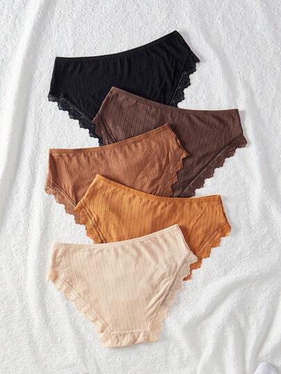 Shein Underwear&Sleepwear Basics مجموعة مكونة من 5قطع للملابس الداخلية الحريمية، سروال داخلي مثلث مزين بالدانتيل