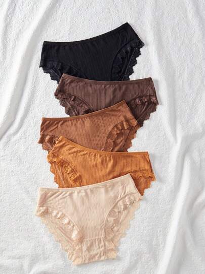 Shein Underwear&Sleepwear Basics مجموعة مكونة من 5قطع للملابس الداخلية الحريمية، سروال داخلي مثلث مزين بالدانتيل