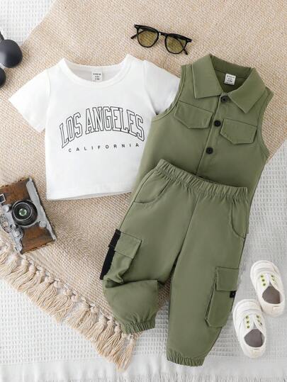 SHEIN ثلاثية قطع لباس صبي رضيع عملي رياضي لأجواء الصيف