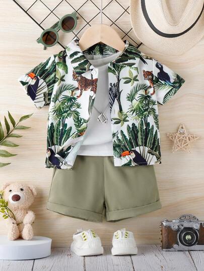 SHEIN Playful Pals مجموعة ملابس عطلة عادية للأولاد الرضع، قميص مطبوع بنباتات وحيوانات استوائية، بدلة عطلة للرضع، قميص أطفال، شورت أطفال، مجموعة صيفية للأولاد الرضع، قطعتان