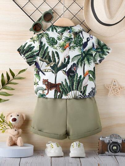SHEIN Playful Pals مجموعة ملابس عطلة عادية للأولاد الرضع، قميص مطبوع بنباتات وحيوانات استوائية، بدلة عطلة للرضع، قميص أطفال، شورت أطفال، مجموعة صيفية للأولاد الرضع، قطعتان