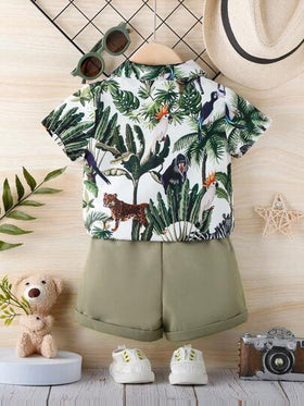SHEIN Playful Pals مجموعة ملابس عطلة عادية للأولاد الرضع، قميص مطبوع بنباتات وحيوانات استوائية، بدلة عطلة للرضع، قميص أطفال، شورت أطفال، مجموعة صيفية للأولاد الرضع، قطعتان