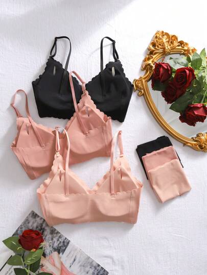 Shein Underwear&Sleepwear Basics مجموعة حمالة صدر وملابس داخلية نسائية بألوان صلبة وحواف منحنية