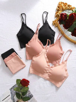 Shein Underwear&Sleepwear Basics مجموعة حمالة صدر وملابس داخلية نسائية بألوان صلبة وحواف منحنية