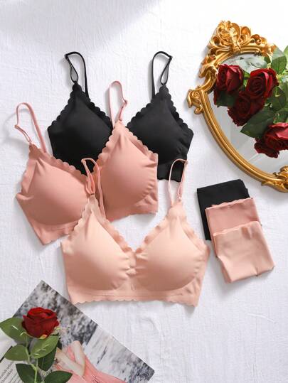 Shein Underwear&Sleepwear Basics مجموعة حمالة صدر وملابس داخلية نسائية بألوان صلبة وحواف منحنية