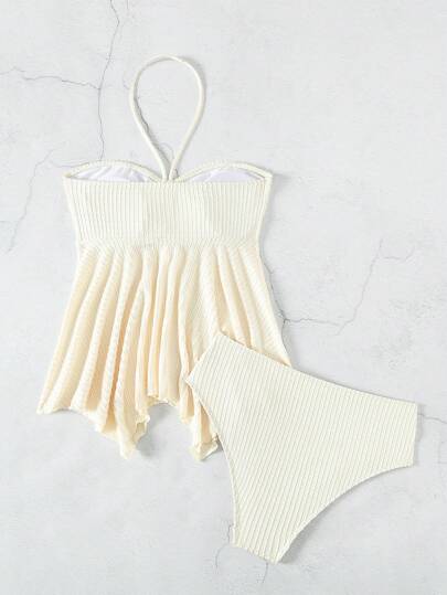 طقم تانكيني حريمي Swim ملابس علوية السباحة تانكيني للنساء بلون صلب للصيف وبأكمام من نوع هالتر وشريط رفيع مع نمطين للإرتداء - الأول: شكل العريس