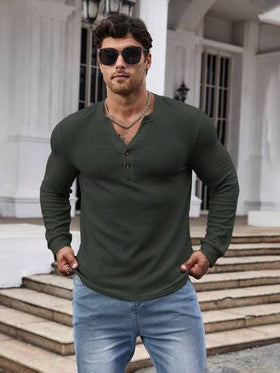 EGENSIO قميص تي شيرت طويل الأكمام نصف أزرار مع ياقة مقطوعة، خريف