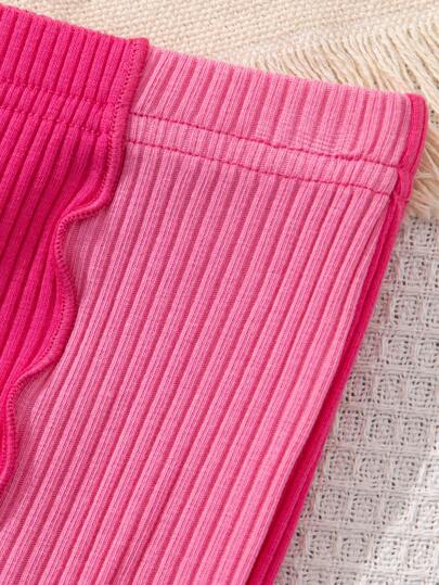 SHEIN قميص رياضي كنتراست الوان محبوك للفتيات برقبة دائرية وأكمام قصيرة وبنطلون مطاطي واسع