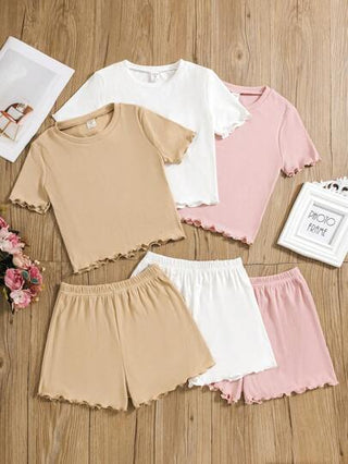 girls-sets ثلاثيات/طقم ملابس بنات مراهقات محبوكة من قميص وشورت ألوان صلبة ضيقة مناسبة للعطلات العادية.