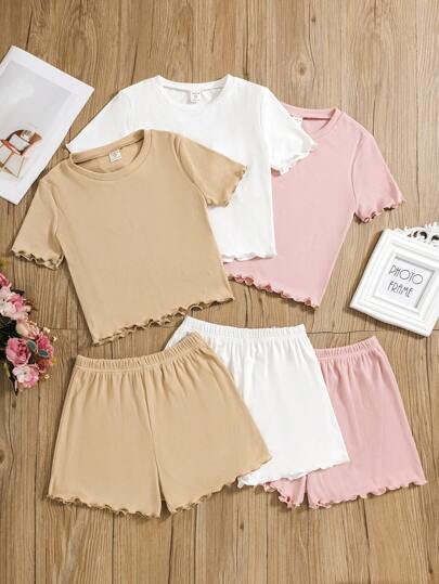 girls-sets ثلاثيات/طقم ملابس بنات مراهقات محبوكة من قميص وشورت ألوان صلبة ضيقة مناسبة للعطلات العادية.