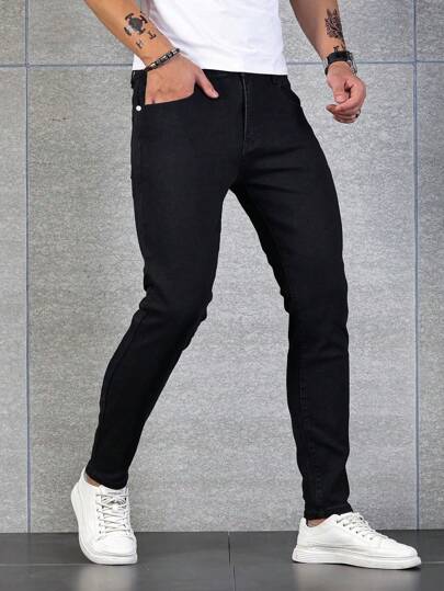 Manfinity Homme بنطلون جينز نحيل قطن موحدة اللون للرجال