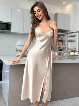 SHEIN فستان نوم طويل قميص كامي بتقسيم الهيم مطرز للديكور