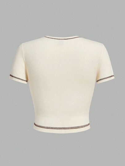 EZwear ملابس علوية قصير ملابس علوية مقطوع بأكمام قصيرة ذو رقبة دائرية بطراز كاوبوي كاجوال رجعي للنساء، الصيف 