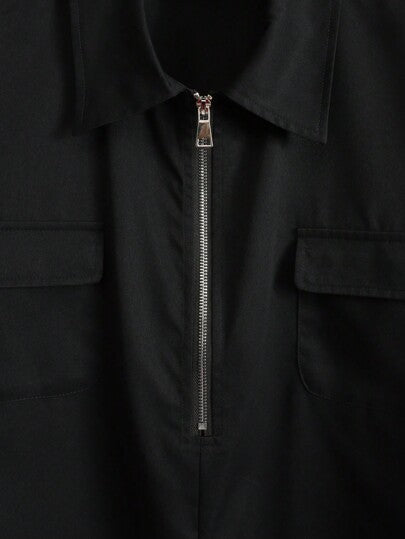 Claim Dot قميص رجالي بأكمام قصيرة وربع سحاب مع رقبة V بقليل من الفضفاضة باللون الأسود السادة للاستخدامات العادية والخروجات