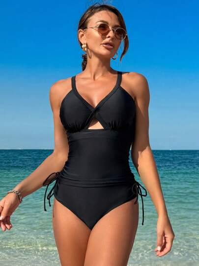 طقم تانكيني حريمي Swim ملابس سباحة تنكيني نسائية مع ظهر متقاطع وجوانب مربوطة، صيفي