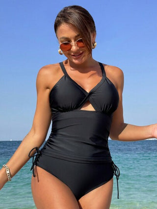 طقم تانكيني حريمي Swim ملابس سباحة تنكيني نسائية مع ظهر متقاطع وجوانب مربوطة، صيفي