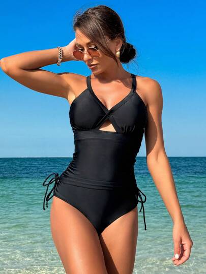 طقم تانكيني حريمي Swim ملابس سباحة تنكيني نسائية مع ظهر متقاطع وجوانب مربوطة، صيفي