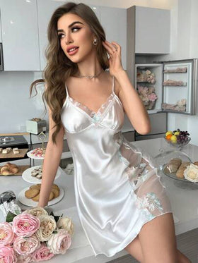Crystal Vow بيجامة فستان نسائية بحاشية من الشبك والتطريز الزهري