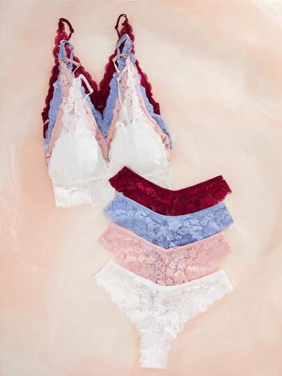 Shein Underwear&Sleepwear Basics مجموعة لانجري سروال قصير و حمالة صدر من الدانتيل ذات اللون الصلب للنساء