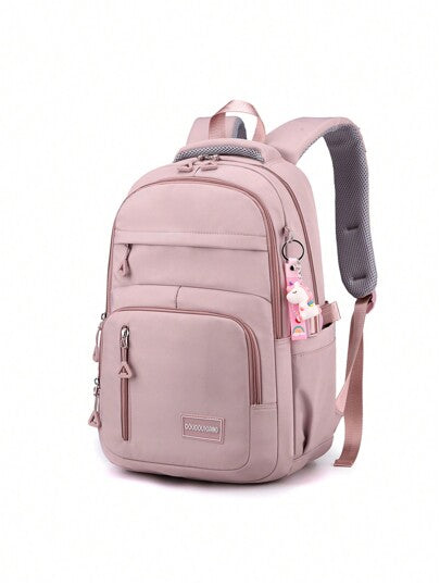 حقيبة ظهر طالب بسيطة بسعة كبيرة بتصميم ذات لون ثابت، متعددة الإستخدامات، مثالية لموسم العودة للمدرسة ولطلاب المدارس الإعدادية والثانوية، حقيبة كتف حجم كبير مزينة بإكسسوارات عالية الجودة معلقة عليها