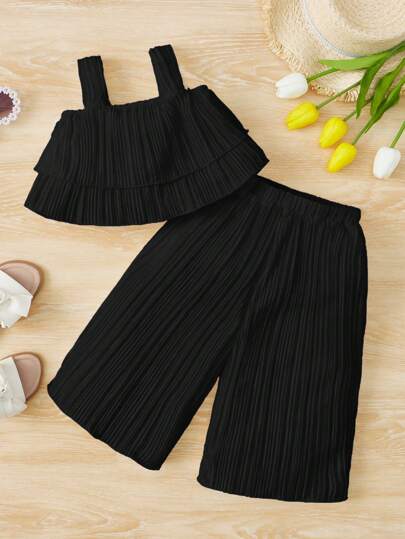 SHEIN طقم أزياء بناتي صلب اللون عصري عارضة 2 قطعة