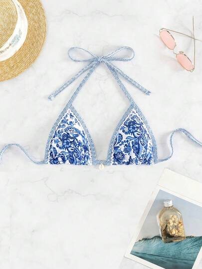 SHEIN Swim لباس علوي بيكيني حريمي مع طبعات زهور برباط حول الرقبة