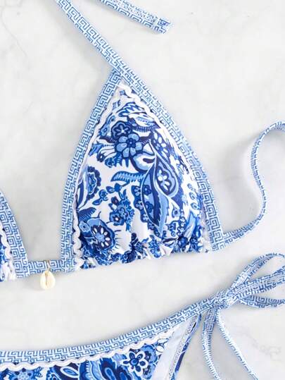 SHEIN Swim لباس علوي بيكيني حريمي مع طبعات زهور برباط حول الرقبة