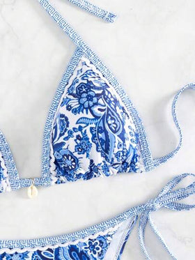SHEIN Swim لباس علوي بيكيني حريمي مع طبعات زهور برباط حول الرقبة