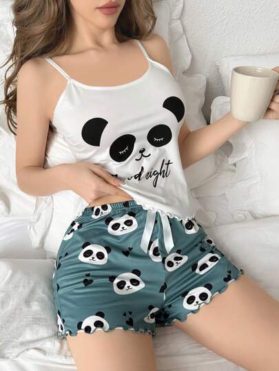 SHEIN مجموعة بجامة قصيرة للسيدات بطباعة قطبان الباندا والحروف المطبوعة بتصميم الكامي والشورت