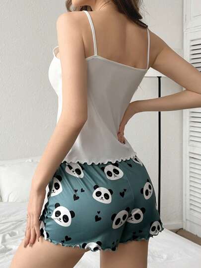 SHEIN مجموعة بجامة قصيرة للسيدات بطباعة قطبان الباندا والحروف المطبوعة بتصميم الكامي والشورت