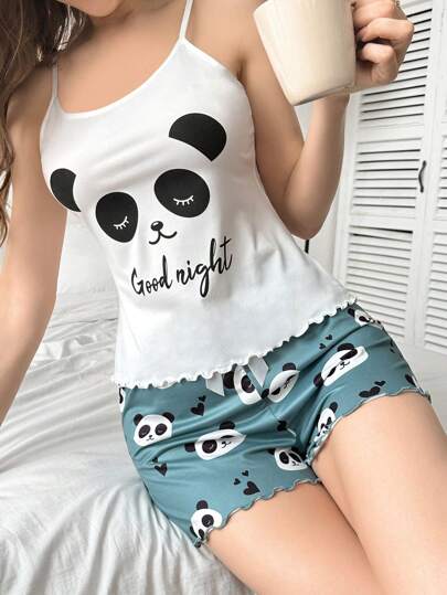 SHEIN مجموعة بجامة قصيرة للسيدات بطباعة قطبان الباندا والحروف المطبوعة بتصميم الكامي والشورت
