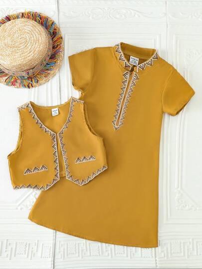 SHEIN زي صبي رضيع مطرز باللون الأصفر للربيع والخريف 2 قطعة