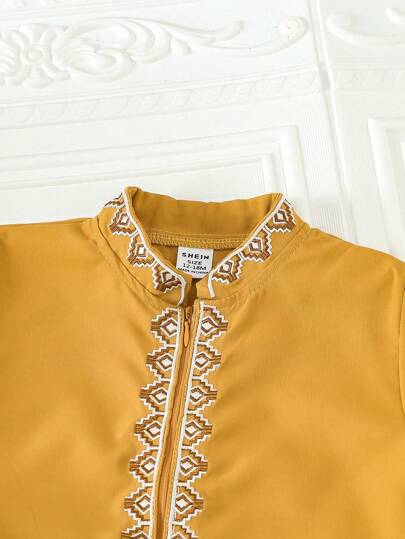 SHEIN زي صبي رضيع مطرز باللون الأصفر للربيع والخريف 2 قطعة