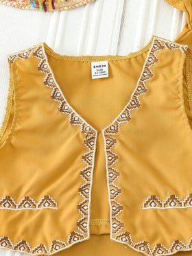 SHEIN زي صبي رضيع مطرز باللون الأصفر للربيع والخريف 2 قطعة