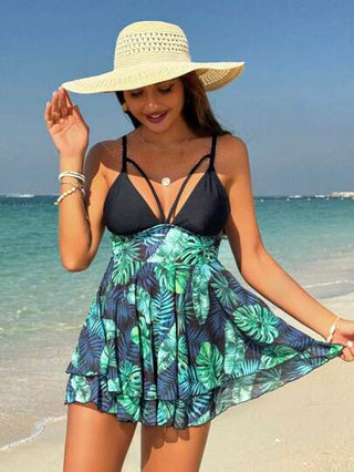 طقم تانكيني حريمي Swim مجموعة تانكيني طباعة استوائية مخرمة للنساء صيفية
