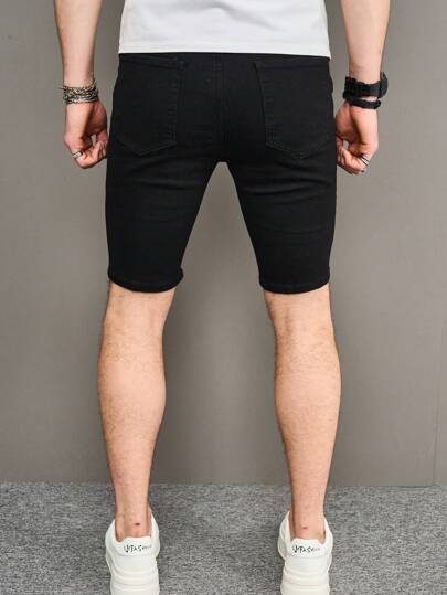 Manfinity Homme شورتات جينز سادة تالفة للرجال، شورتات جينز عادية للعمل، شورتات جينز أسود سادة، هدايا للأزواج والأصدقاء الذكور