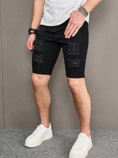 Manfinity Homme شورتات جينز سادة تالفة للرجال، شورتات جينز عادية للعمل، شورتات جينز أسود سادة، هدايا للأزواج والأصدقاء الذكور