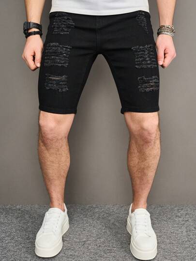 Manfinity Homme شورتات جينز سادة تالفة للرجال، شورتات جينز عادية للعمل، شورتات جينز أسود سادة، هدايا للأزواج والأصدقاء الذكور