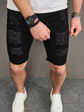 Manfinity Homme شورتات جينز سادة تالفة للرجال، شورتات جينز عادية للعمل، شورتات جينز أسود سادة، هدايا للأزواج والأصدقاء الذكور