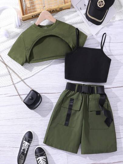 Sparklyn ثلاث قطع مجموعة ملابس فتاة مراهقة لافتات الأعلى والكاميسول والسراويل الممزقة