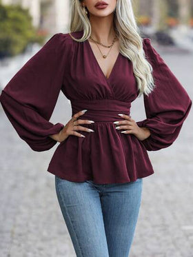 EMERY ROSE ملابس علوية نسائية بأكمام فانوس منبثقة وقصة بيبلوم، قماش خريفي للنساء