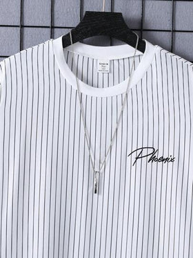 SHEIN Vacaura قميص تي شيرت بياقة مستديرة مع طباعة حرف وخطوط مناسب للمراهقين للارتداء اليومي والتنقل