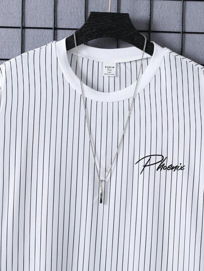 SHEIN Vacaura قميص تي شيرت بياقة مستديرة مع طباعة حرف وخطوط مناسب للمراهقين للارتداء اليومي والتنقل