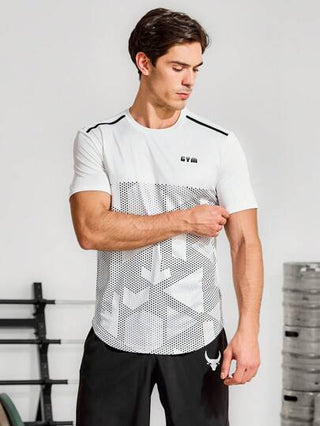 Manfinity Sport Corelite تي شيرت رياضي كم قصير للرجال بنمط صديق ذو بقع منقطة واطبعات حرفية ، جرافيكس ، للجري ، للملابس النشيطة ، سادة