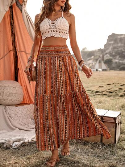 Breezaya تنورة نسائية ذات نمط هندسي للعطلات، للنساء في فصل الخريف