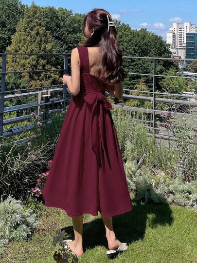 DAZY فستان للنساء أكمام قصيرة ذو رقبة مربعة ، لون أحادي ، فستان صيفي