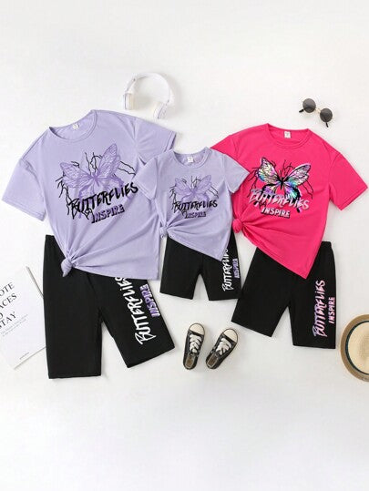 girls-sets قميص بأكمام منسدلة مطبوع بالفراشة والحرف بألوان مبهجة للفتيات مع شورت للدراجات 2قطعة/طقم