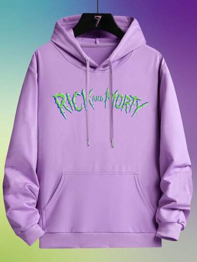 ROMWE MEN Rick and Morty | ROMWE هوديي بجيب كنغر وخط رسوم متحركة وأحرف، بسحاب للمدرسة