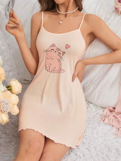 SHEIN قميص نوم طباعة القط كامي